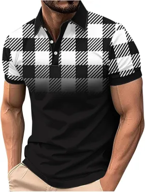 Mens Golf Shirts Short Sleeve Big and Tall Mesh Shirt Breathable,Plaid Graphic Print Shirt,Business Casual Summer