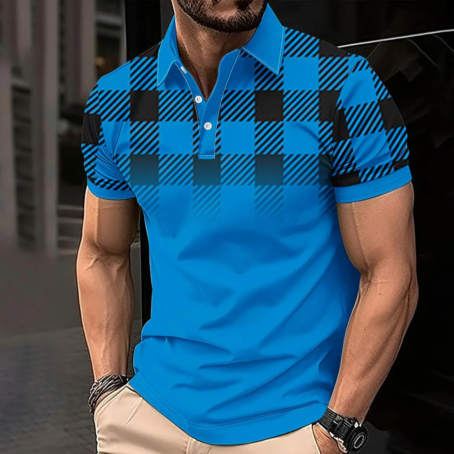 Mens Golf Shirts Short Sleeve Big and Tall Mesh Shirt Breathable,Plaid Graphic Print Shirt,Business Casual Summer