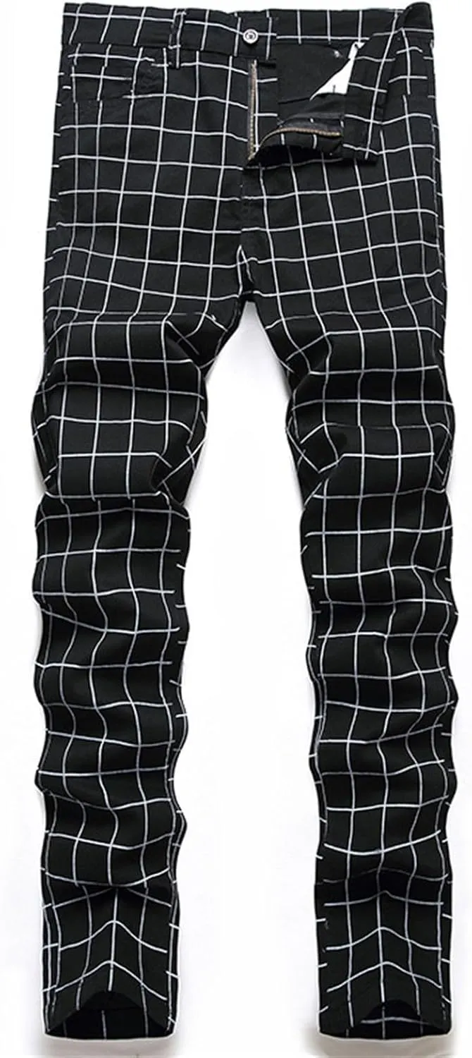 Mens Jeans Slim Fit Casual Plaid Comfort Flex Waist Denim Pants Straight Leg Fashion Skinny Jeans Trousers