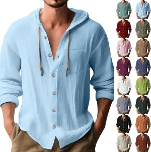 Mens Linen Button Down Shirts Casual Long Sleeve Roll-Up V Neck Hooded Summer Casual Hawaiian Beach Tops