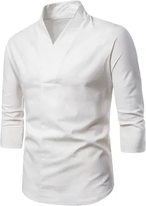 Men's Monk Buddhist Outfit T-Shirt V-Neck Plain Cotton Linen 3/4 Sleeve Shirts Retro Casual Loose Household Clothes