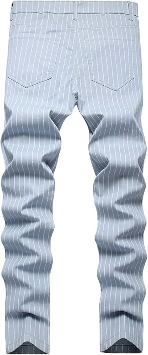 Mens Pants Jeans Slim Fit High Waisted Striped Jeans Straight Leg Pants Fashion Trousers Classic 5 Pocket Streetwear