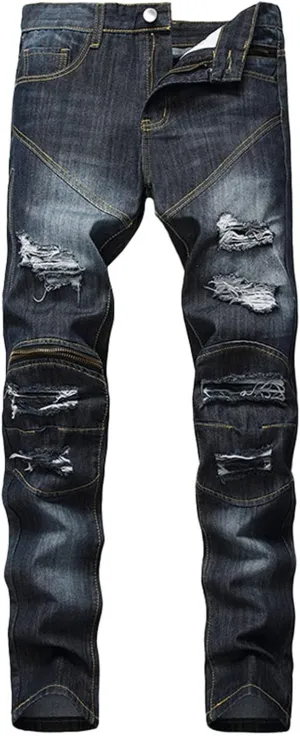 Mens Pants Jeans Slim Fit Ripped Classic Vintage Straight Wide Leg Denim Pants Baggy Jeans Trousers Mulit Pockets