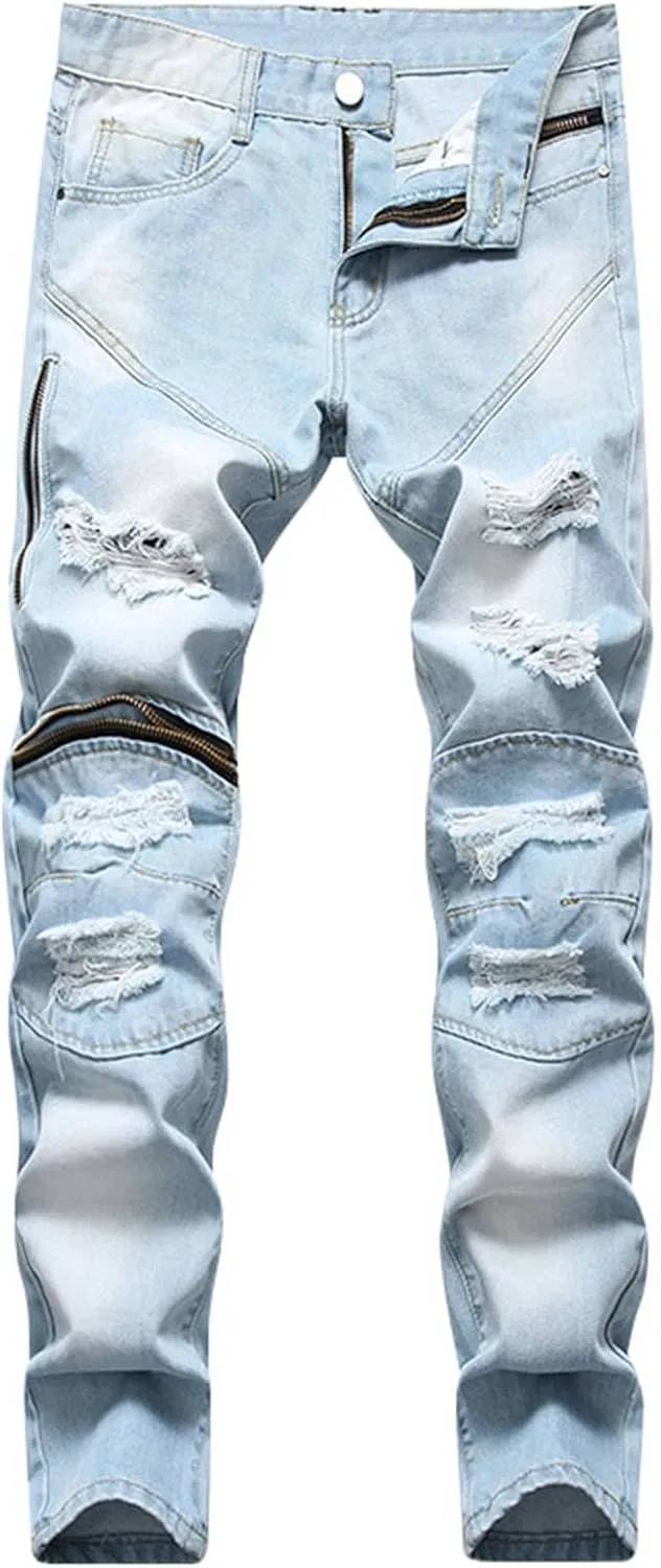 Mens Pants Jeans Slim Fit Ripped Classic Vintage Straight Wide Leg Denim Pants Baggy Jeans Trousers Mulit Pockets