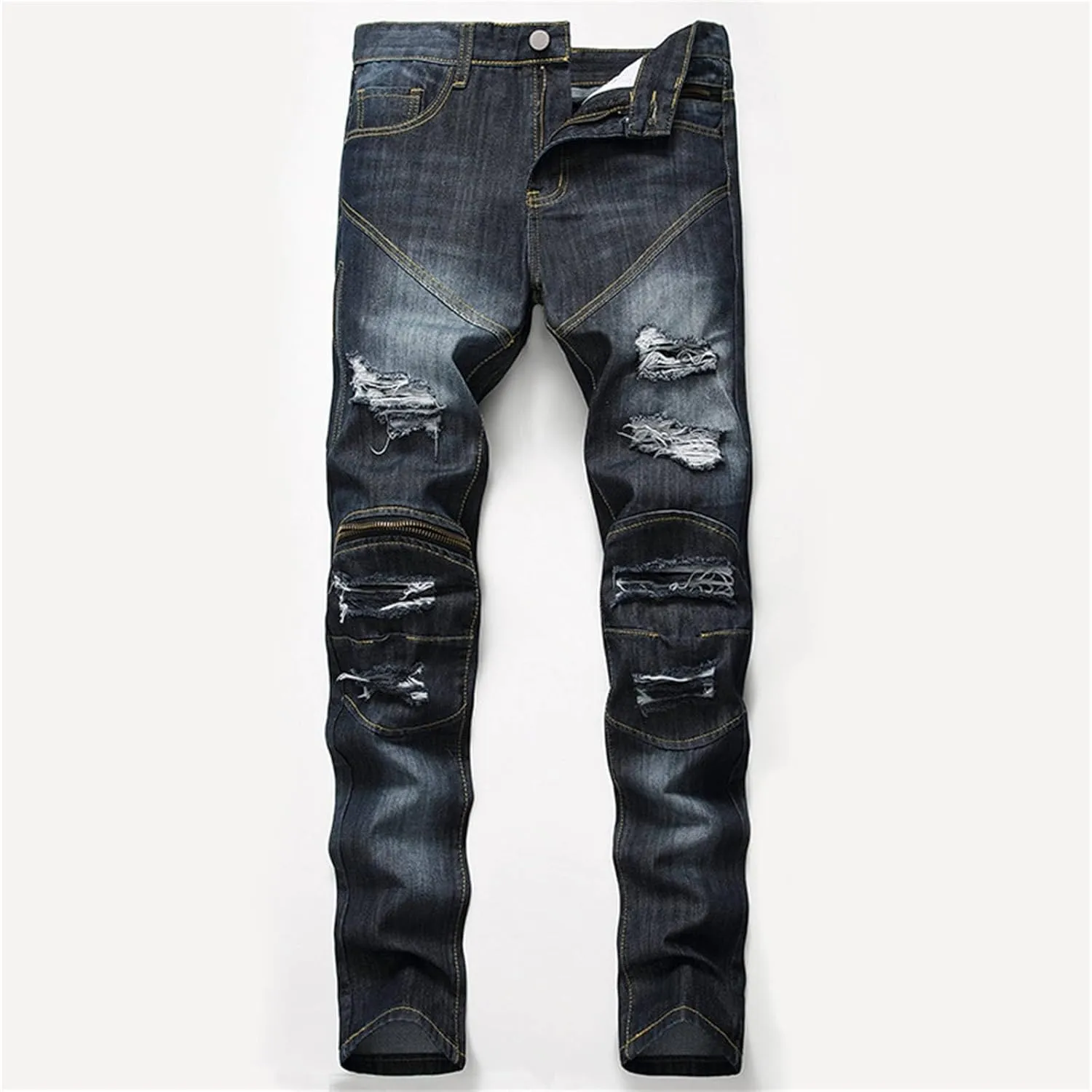Mens Pants Jeans Slim Fit Ripped Classic Vintage Straight Wide Leg Denim Pants Baggy Jeans Trousers Mulit Pockets
