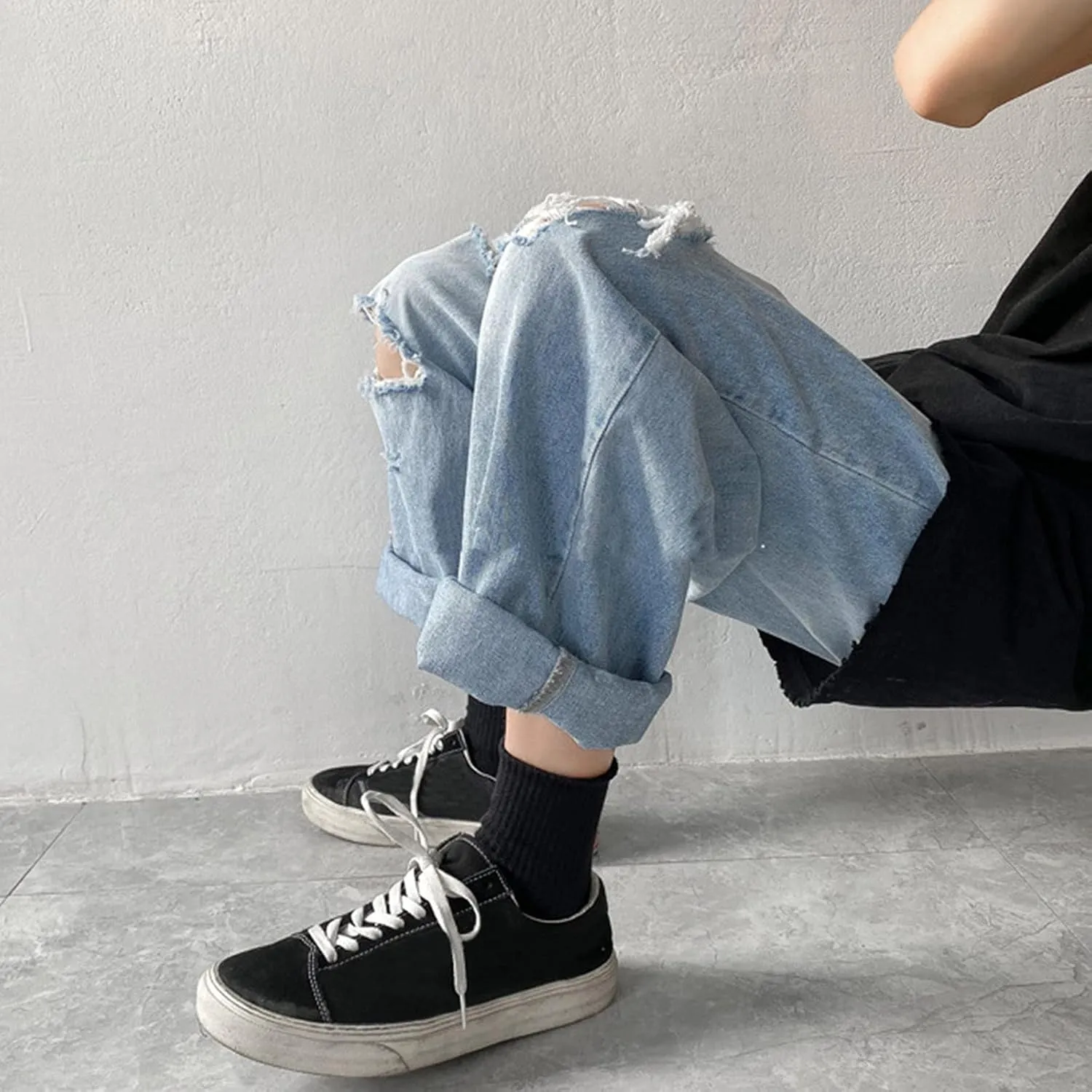 Mens Pants Jeans Stretch High Waisted Jeans Straight Leg Pants Fashion Trousers Classic 5 Pocket Streetwear