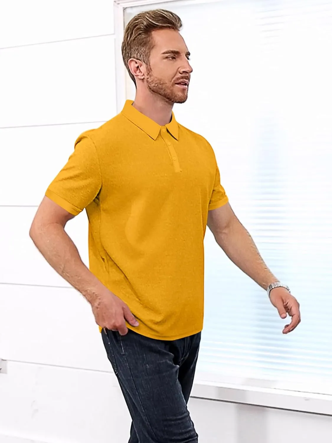 Mens Polo Shirts 2 Pack Breathable Short Sleeve Golf Shirt Casual Button Down Shirt Lightweight Collared Waffle Shirts