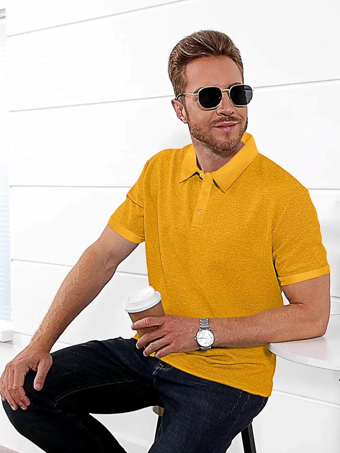 Mens Polo Shirts 2 Pack Breathable Short Sleeve Golf Shirt Casual Button Down Shirt Lightweight Collared Waffle Shirts