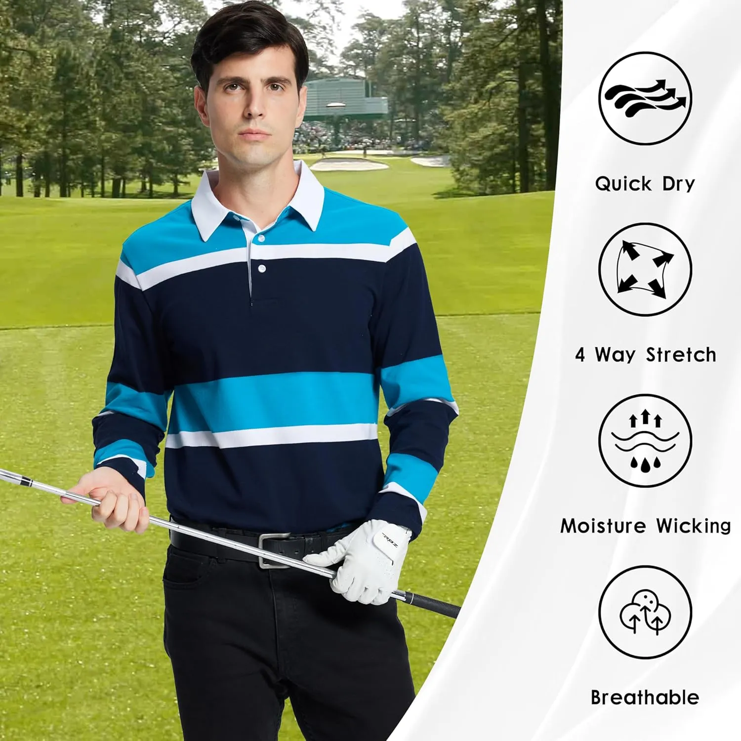 Men's Polo Shirts Long Sleeve Striped Dry Fit Casual Collared Pique Golf Polo Shirts for Mens