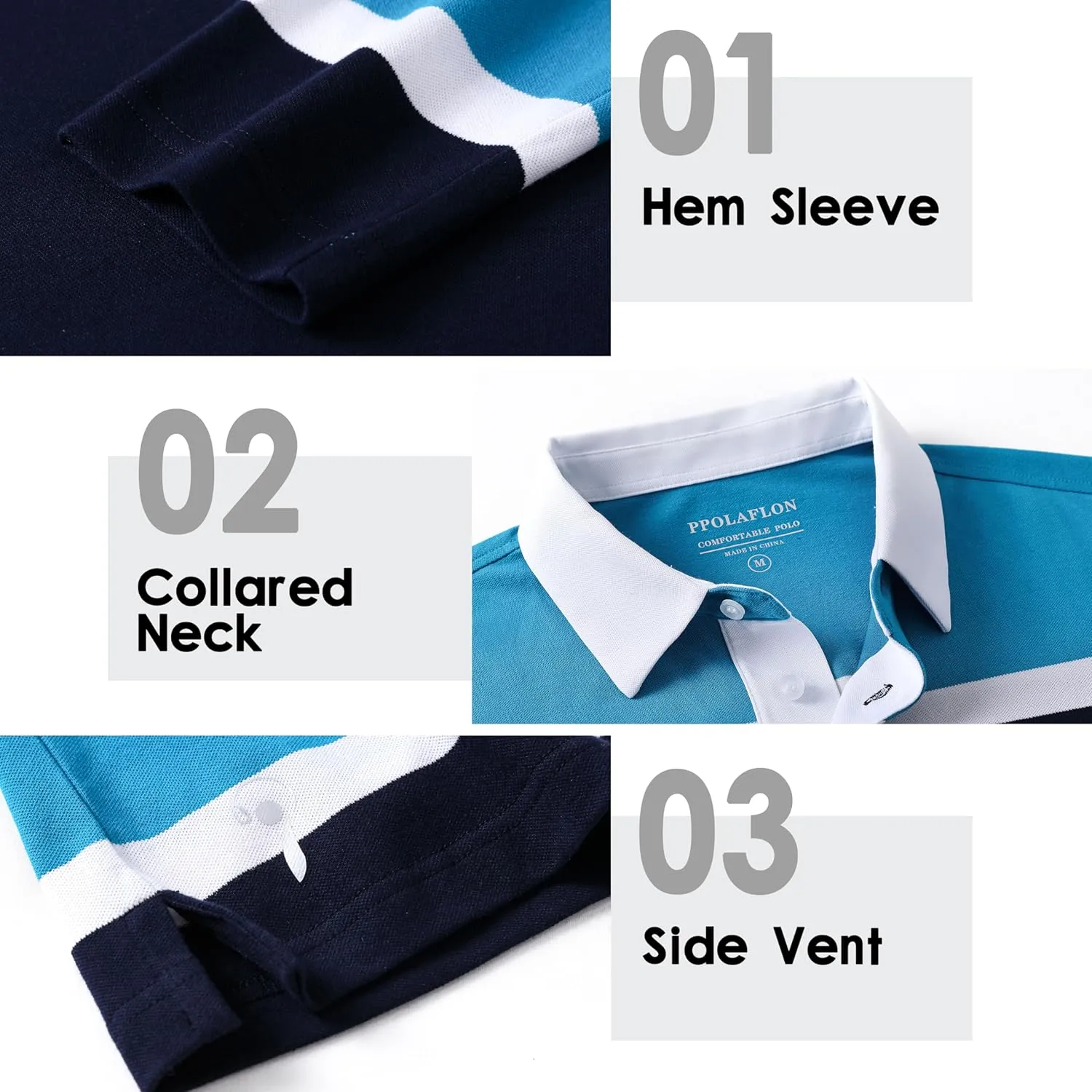 Men's Polo Shirts Long Sleeve Striped Dry Fit Casual Collared Pique Golf Polo Shirts for Mens