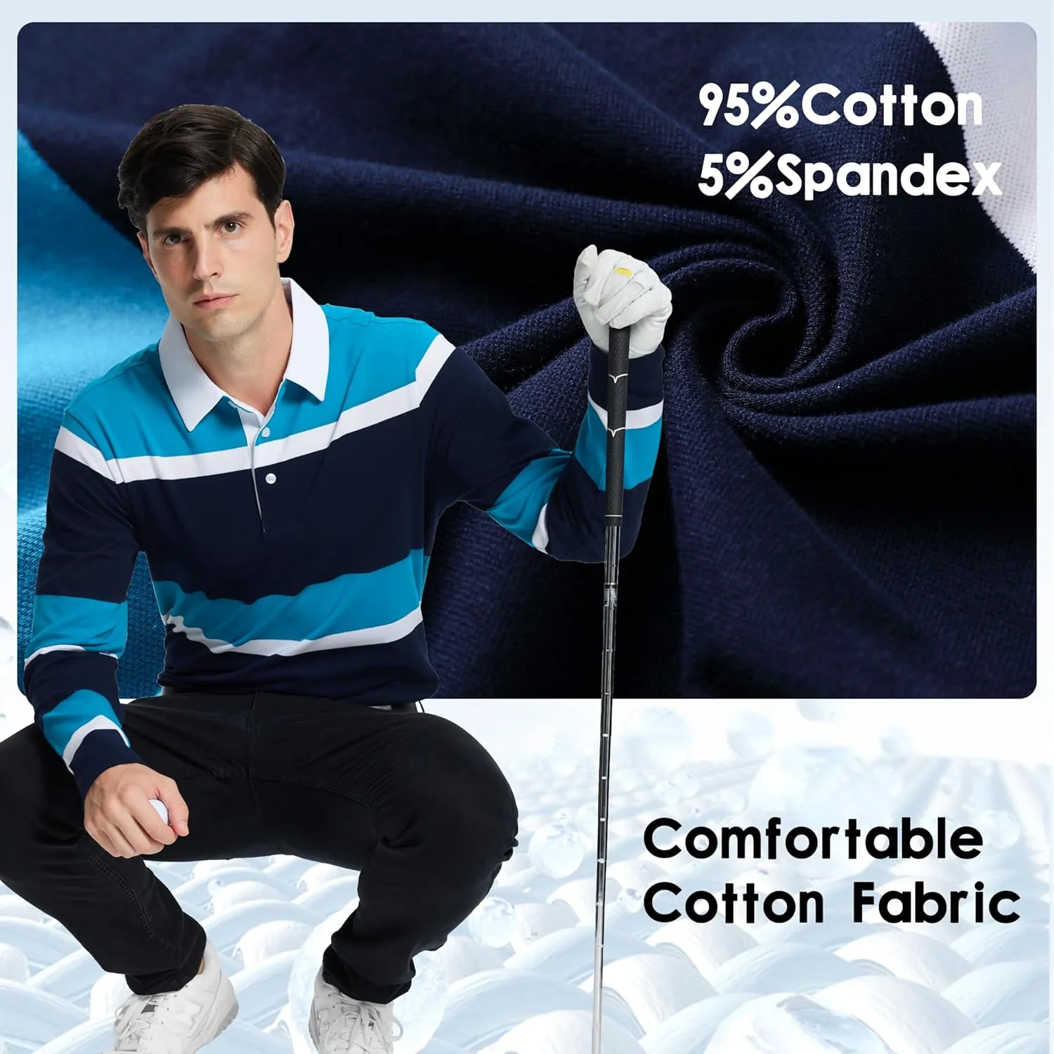 Men's Polo Shirts Long Sleeve Striped Dry Fit Casual Collared Pique Golf Polo Shirts for Mens