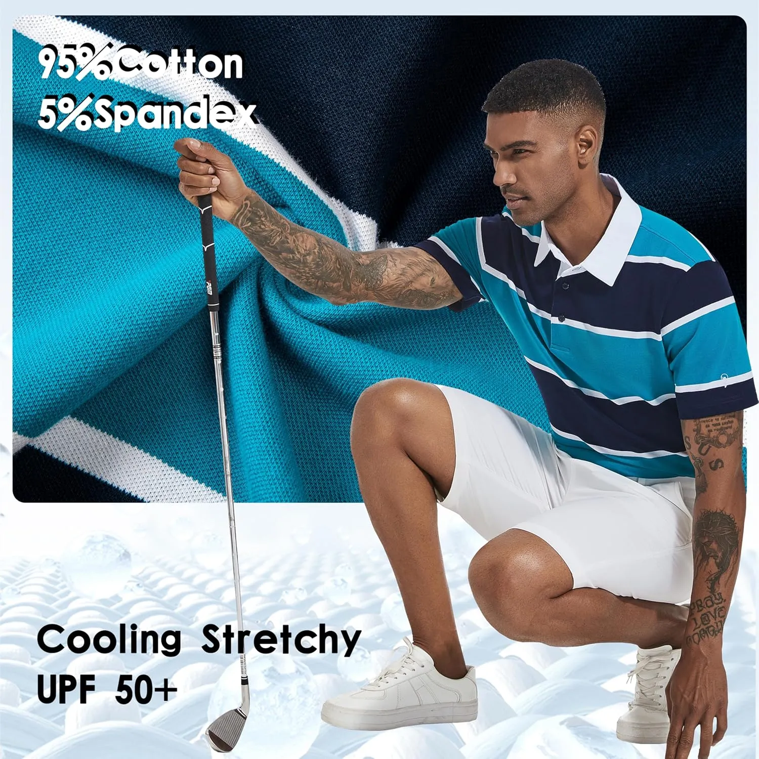 Men's Polo Shirts Long Sleeve Striped Dry Fit Casual Collared Pique Golf Polo Shirts for Mens