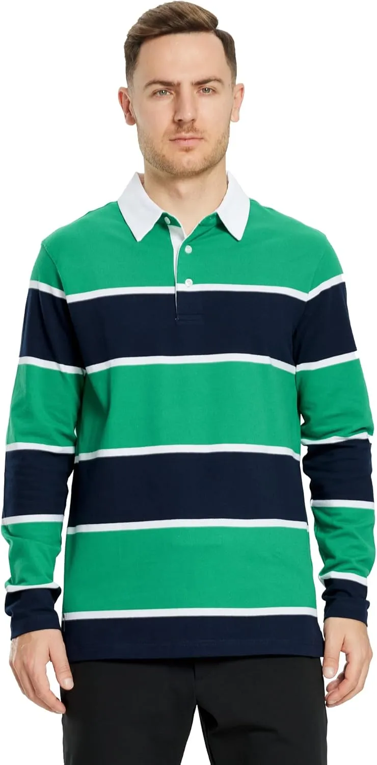 Men's Polo Shirts Long Sleeve Striped Dry Fit Casual Collared Pique Golf Polo Shirts for Mens