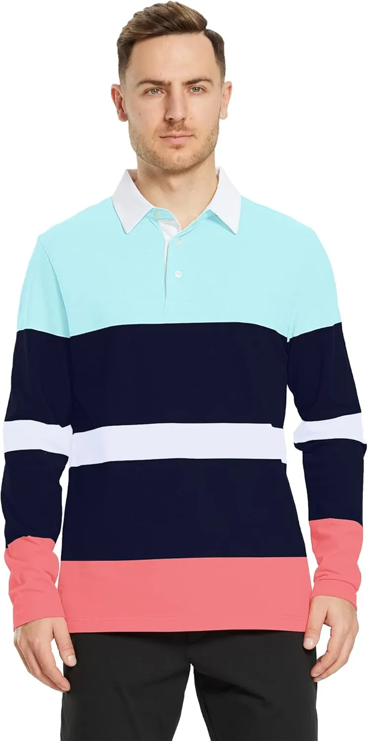 Men's Polo Shirts Long Sleeve Striped Dry Fit Casual Collared Pique Golf Polo Shirts for Mens