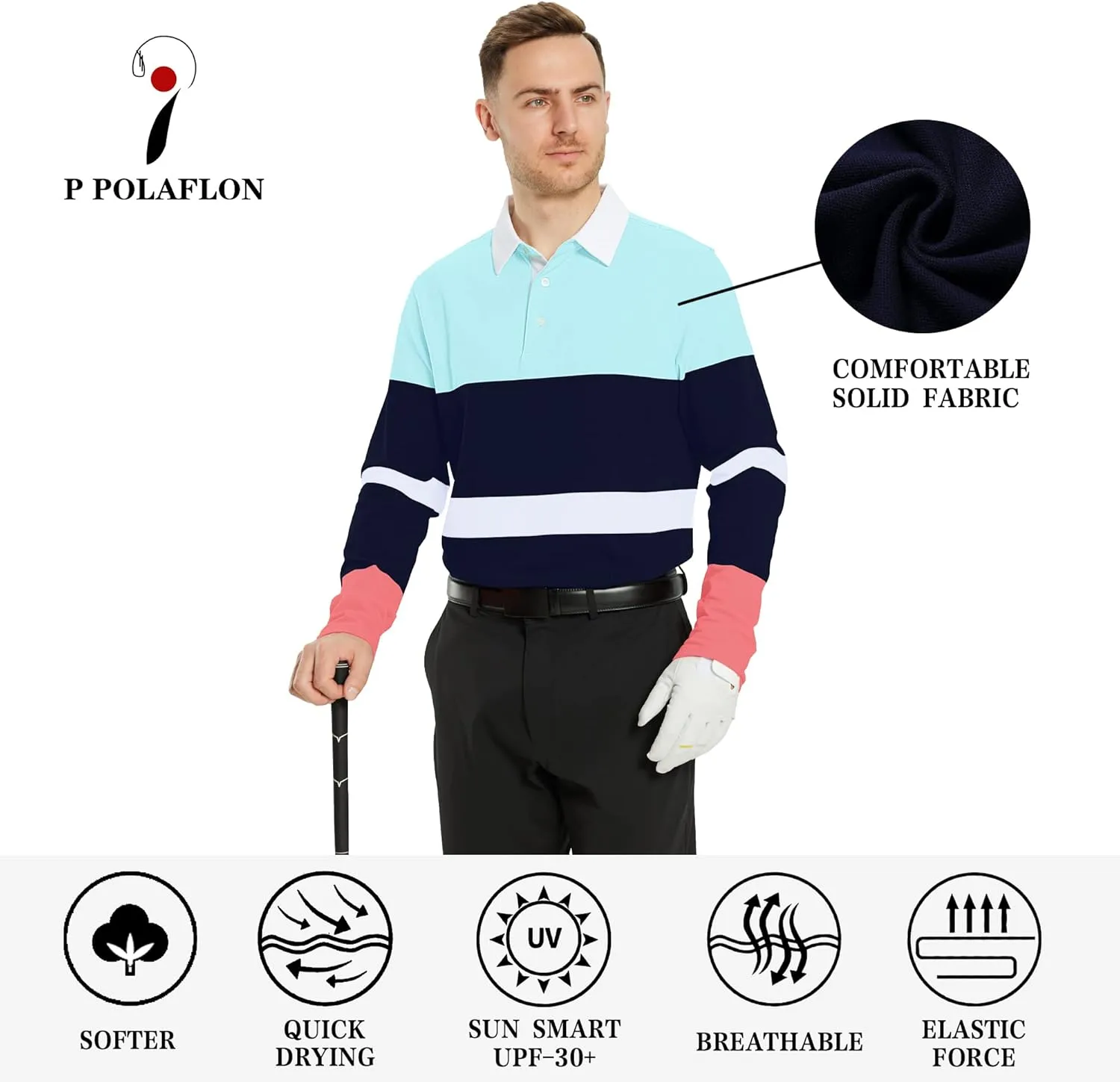 Men's Polo Shirts Long Sleeve Striped Dry Fit Casual Collared Pique Golf Polo Shirts for Mens