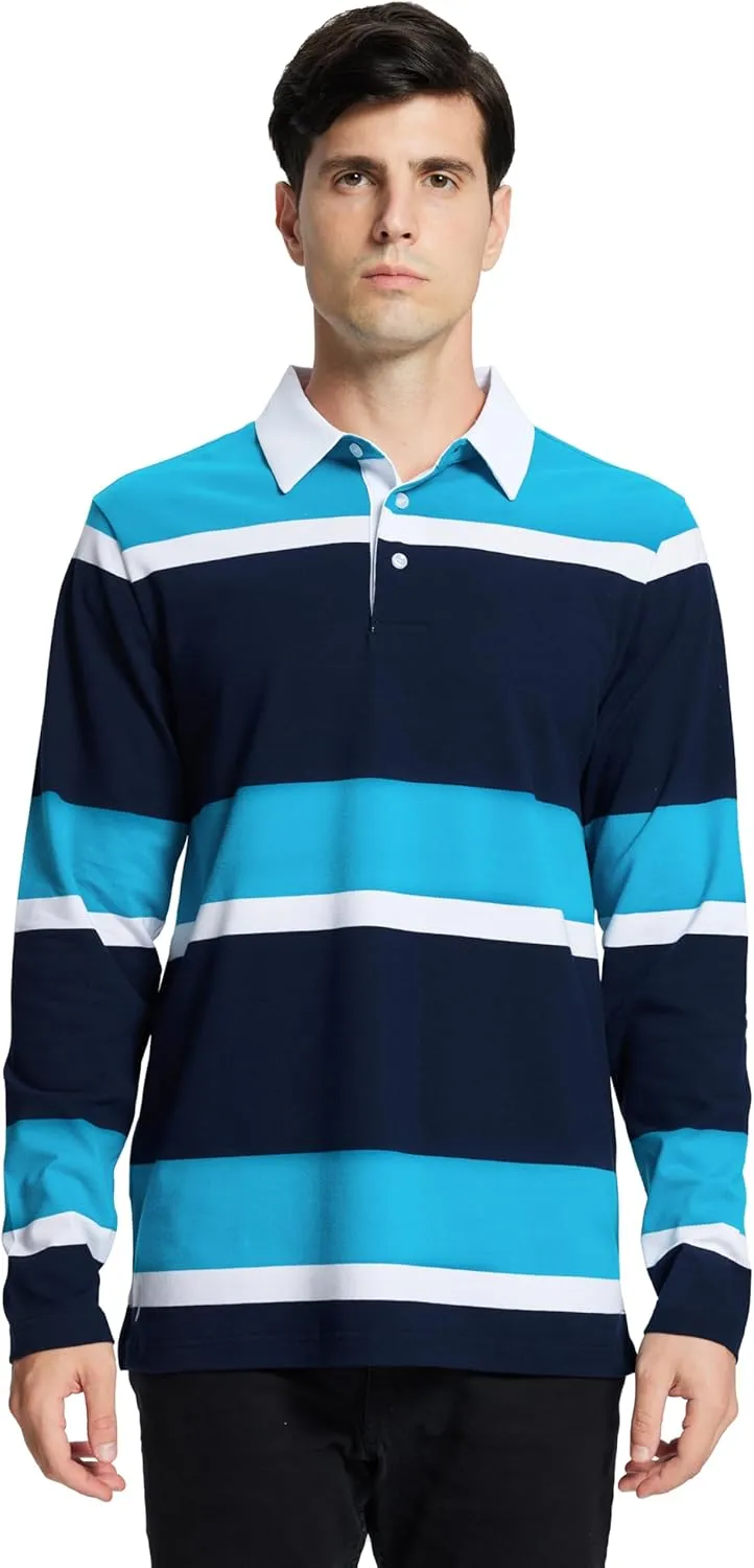 Men's Polo Shirts Long Sleeve Striped Dry Fit Casual Collared Pique Golf Polo Shirts for Mens