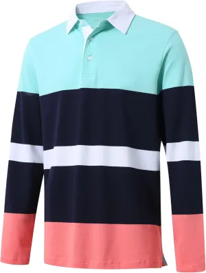 Men's Polo Shirts Long Sleeve Striped Dry Fit Casual Collared Pique Golf Polo Shirts for Mens