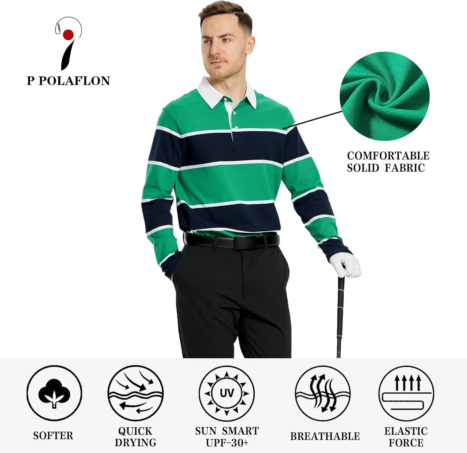 Men's Polo Shirts Long Sleeve Striped Dry Fit Casual Collared Pique Golf Polo Shirts for Mens