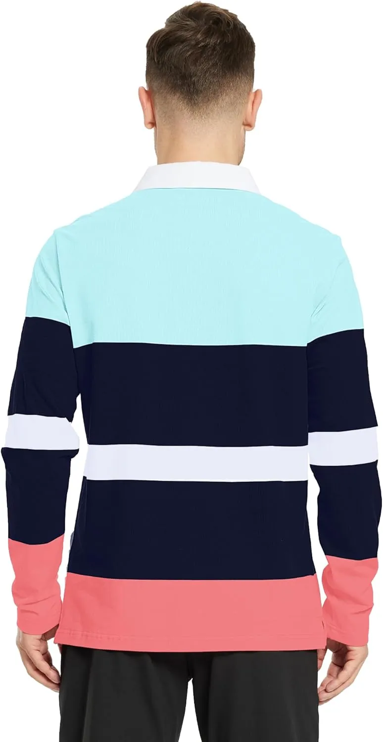 Men's Polo Shirts Long Sleeve Striped Dry Fit Casual Collared Pique Golf Polo Shirts for Mens