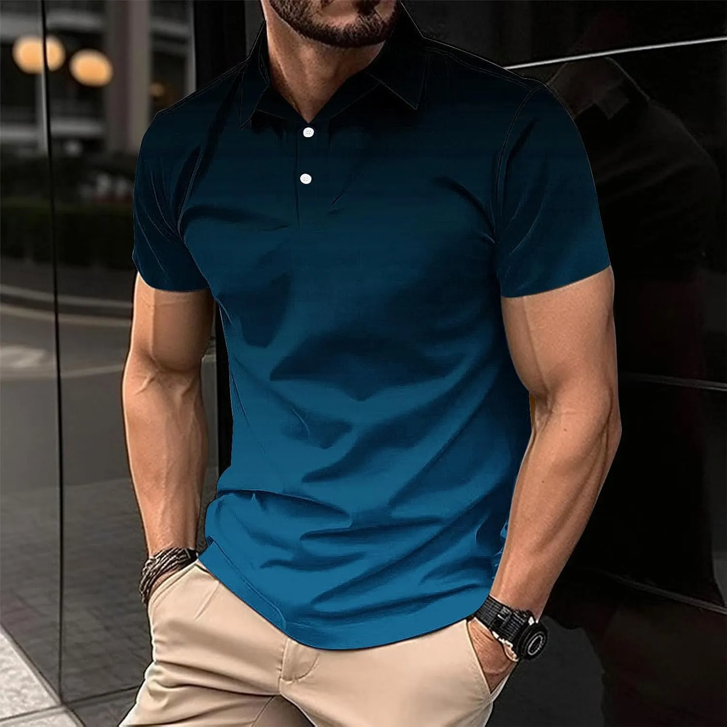 Mens Polo Shirts Short Sleeve Gradient Color Gym Workout Golf T-Shirt Casual Fashion V Neck Button Down Tops 2025