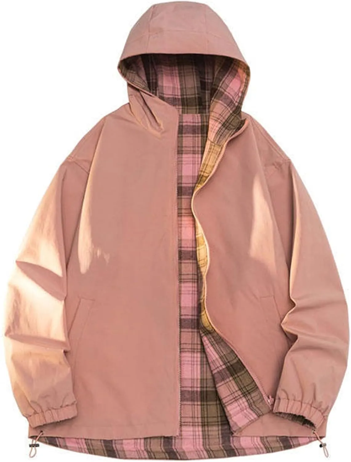 Mens Reversible Wind Breaker Jackets Light Full Zip Hooded Rain Jacket Hiking Climbing Coat with Polar Fleece Lining