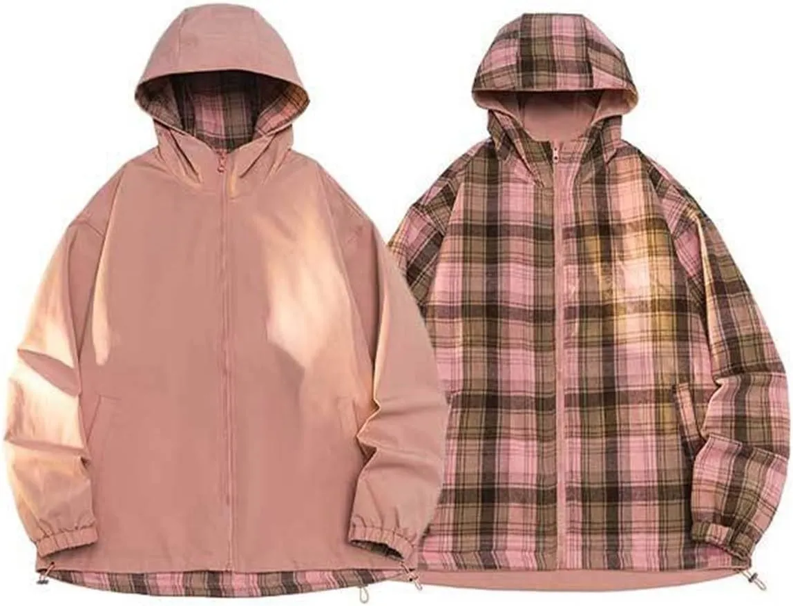 Mens Reversible Wind Breaker Jackets Light Full Zip Hooded Rain Jacket Hiking Climbing Coat with Polar Fleece Lining