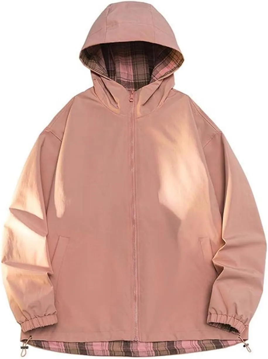 Mens Reversible Wind Breaker Jackets Light Full Zip Hooded Rain Jacket Hiking Climbing Coat with Polar Fleece Lining