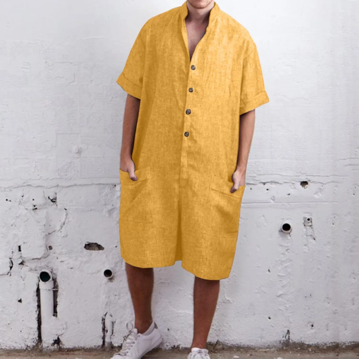 Mens Rompers Jumpsuits Onesie Loose Fit Cotton Linen Button Down Short Sleeve Coverall Tracksuits Comfy Playsuit Shorts