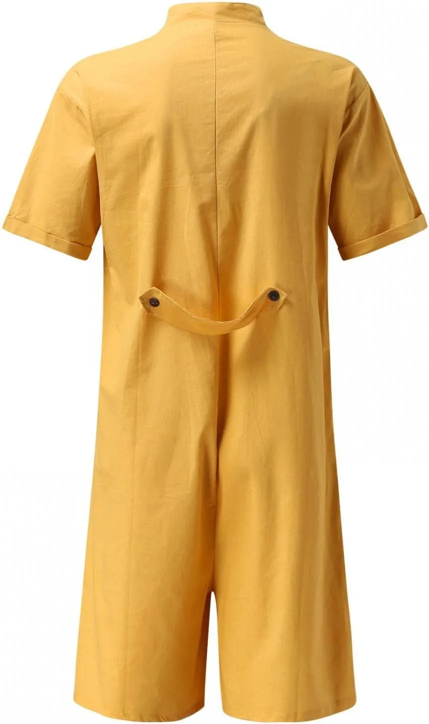 Mens Rompers Jumpsuits Onesie Loose Fit Cotton Linen Button Down Short Sleeve Coverall Tracksuits Comfy Playsuit Shorts