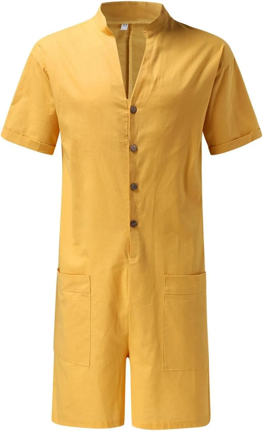 Mens Rompers Jumpsuits Onesie Loose Fit Cotton Linen Button Down Short Sleeve Coverall Tracksuits Comfy Playsuit Shorts