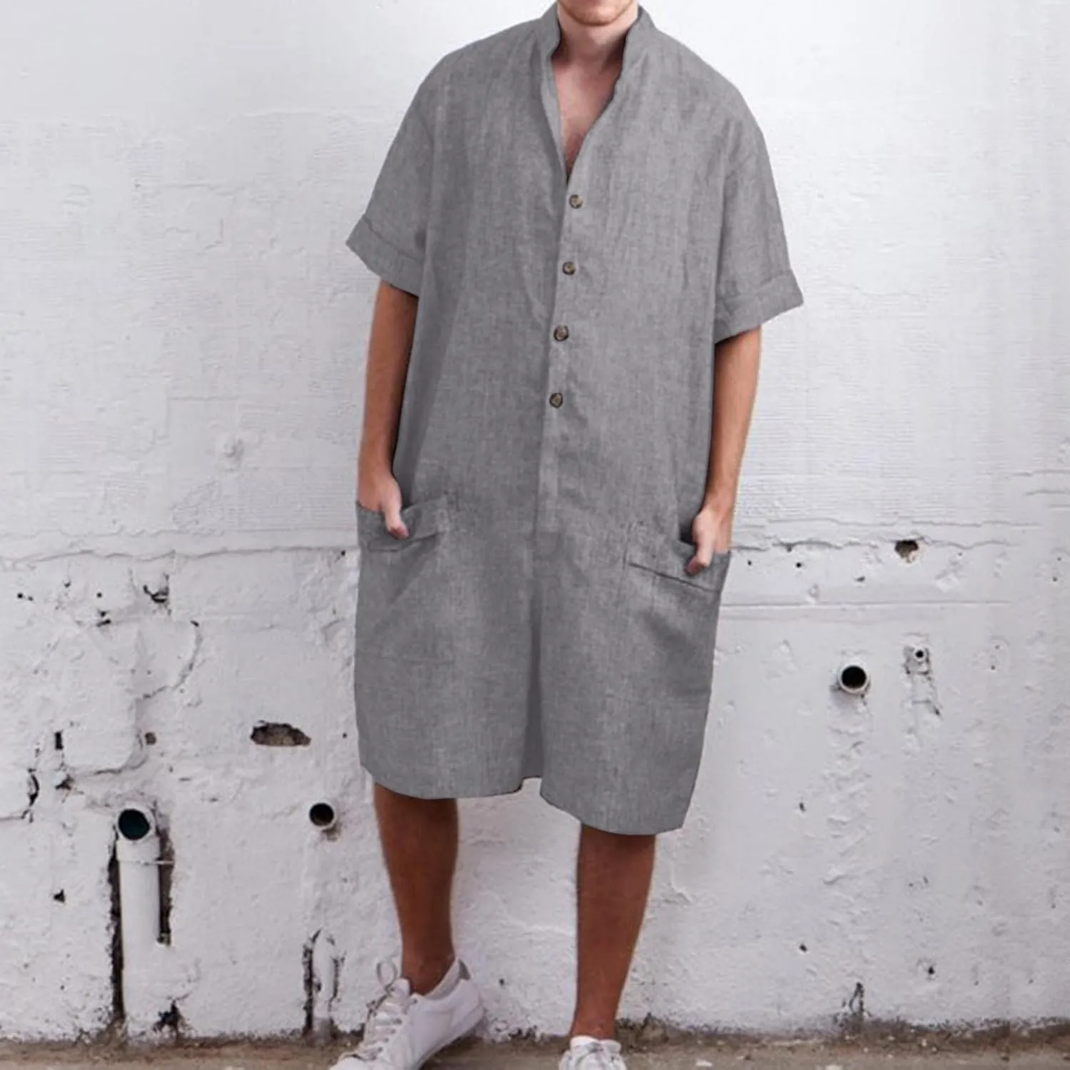 Mens Rompers Jumpsuits Onesie Loose Fit Cotton Linen Button Down Short Sleeve Coverall Tracksuits Comfy Playsuit Shorts