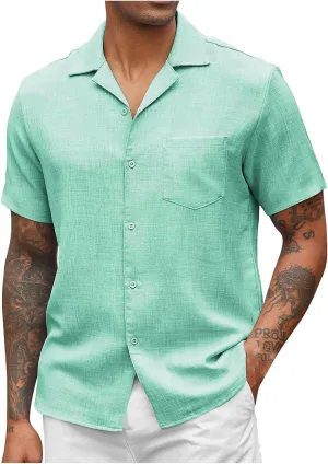 Mens Shirts Casual Short Sleeve Button Down Linen Shirts No Tuck Dress Tee Shirt Fashion Beach Resort Wear