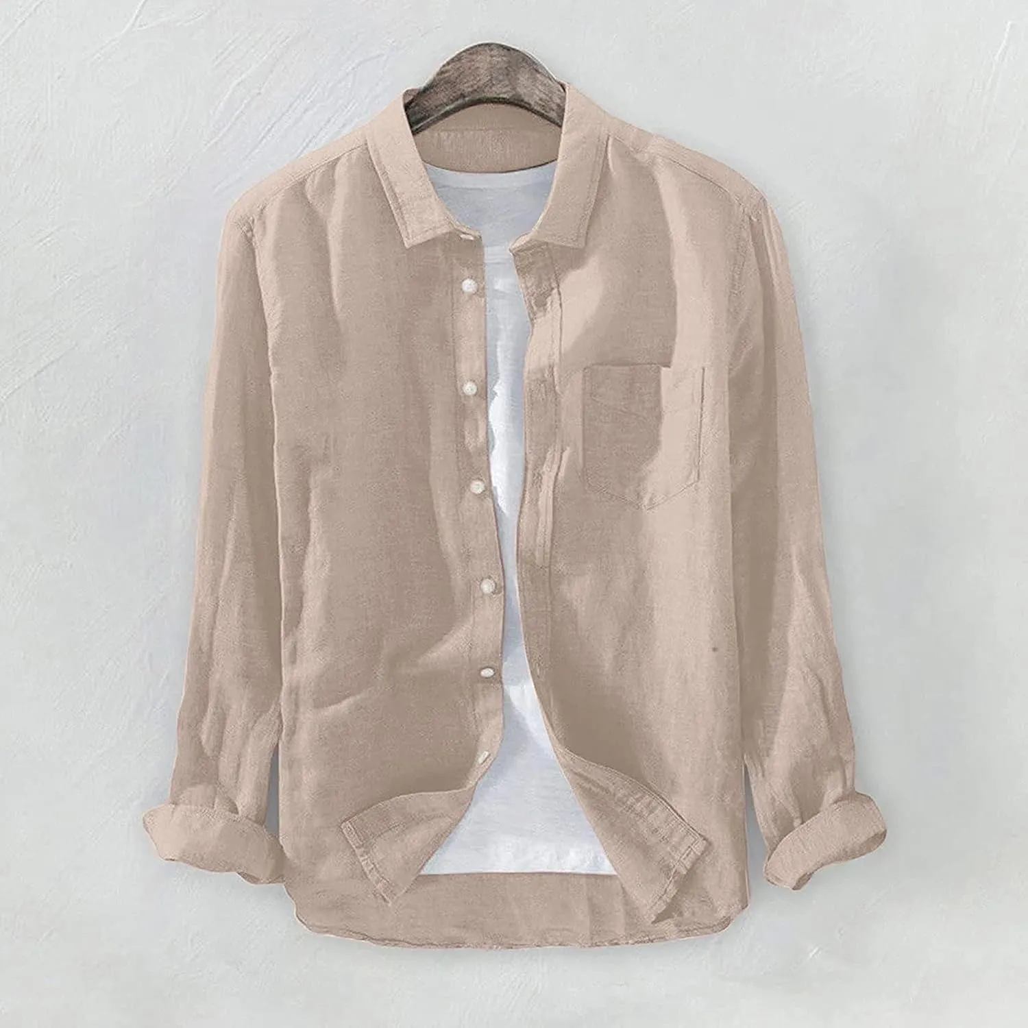 Men's Shirts Linen Long-Sleeved Casual Shirt Collarless Standing Collar Summer Top Long Sleeve Shirts Casual, M-3XL