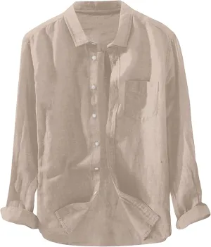 Men's Shirts Linen Long-Sleeved Casual Shirt Collarless Standing Collar Summer Top Long Sleeve Shirts Casual, M-3XL