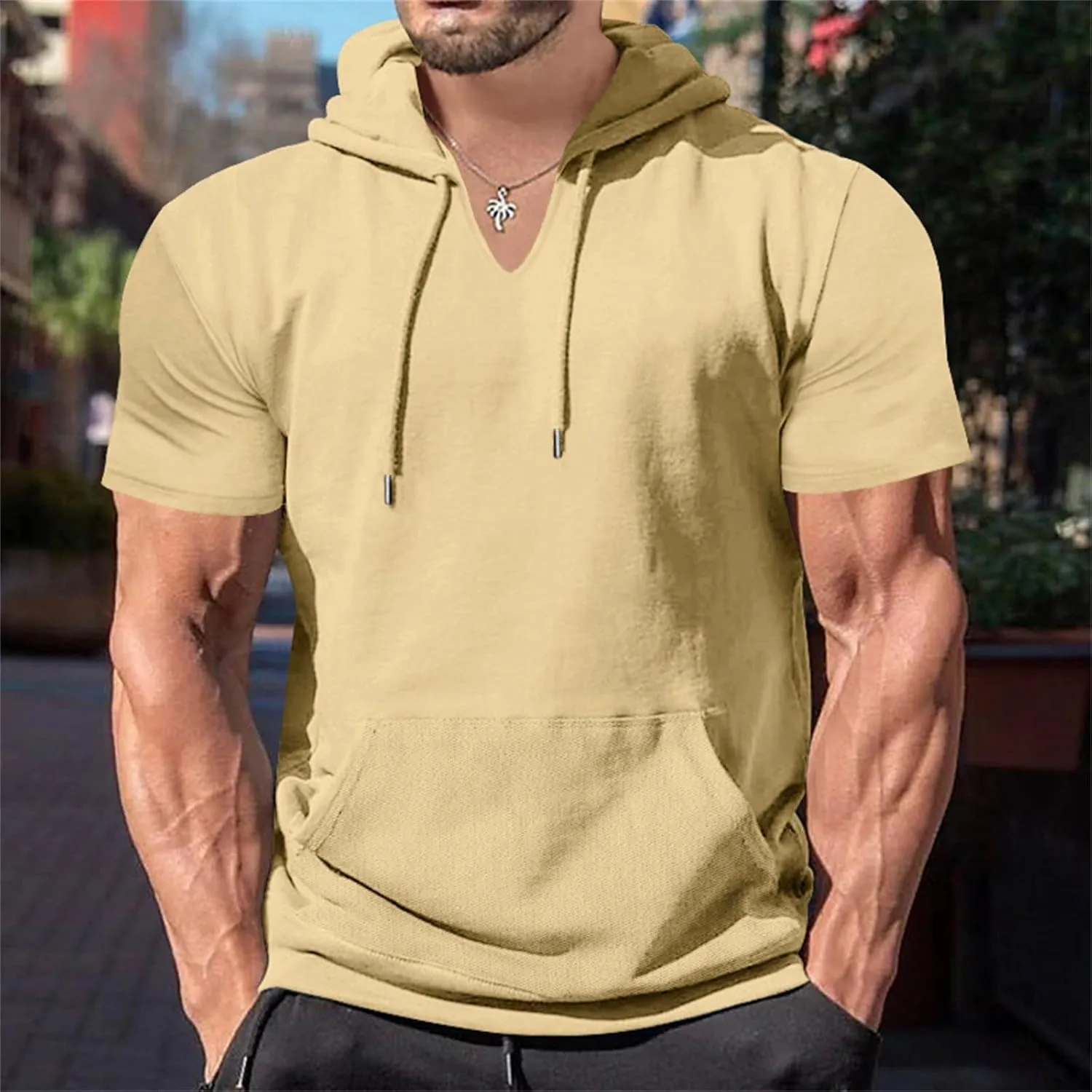 Mens Short Sleeve Hoodie Workout Gym Sweatshirts Casual Lightweight Athletic Muscle Hoodies Pullover Cotton Hooded T-Shirts