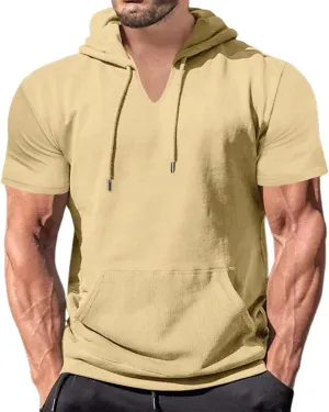 Mens Short Sleeve Hoodie Workout Gym Sweatshirts Casual Lightweight Athletic Muscle Hoodies Pullover Cotton Hooded T-Shirts