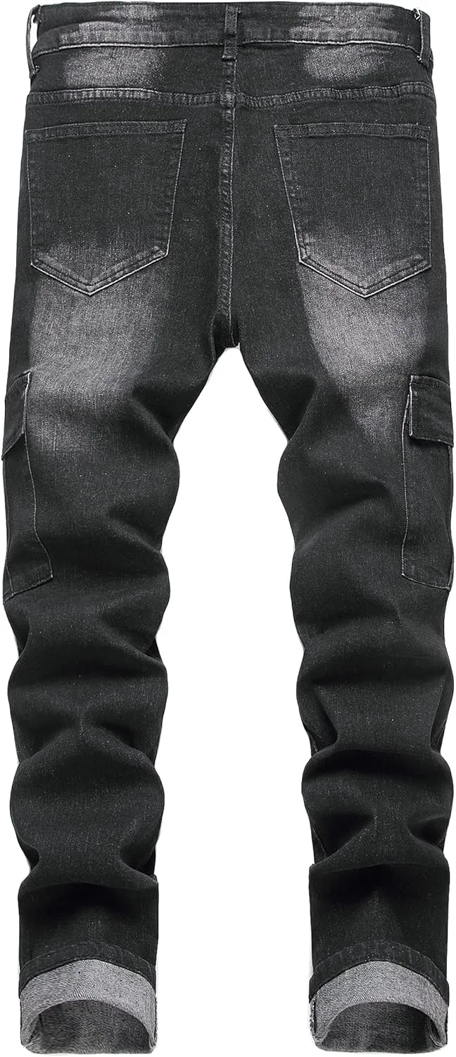 Men's Slim Fit Stretch Jeans Ripped Skinny Jeans for Men, Fashion Straight Leg Comfort Flex Waist Cargo Denim Pants