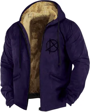 Men's Solid Color Flag Print Fleece Jacket Winter Casual Trend Zipper Hooded Coat Heavy Work Warm Outerwear