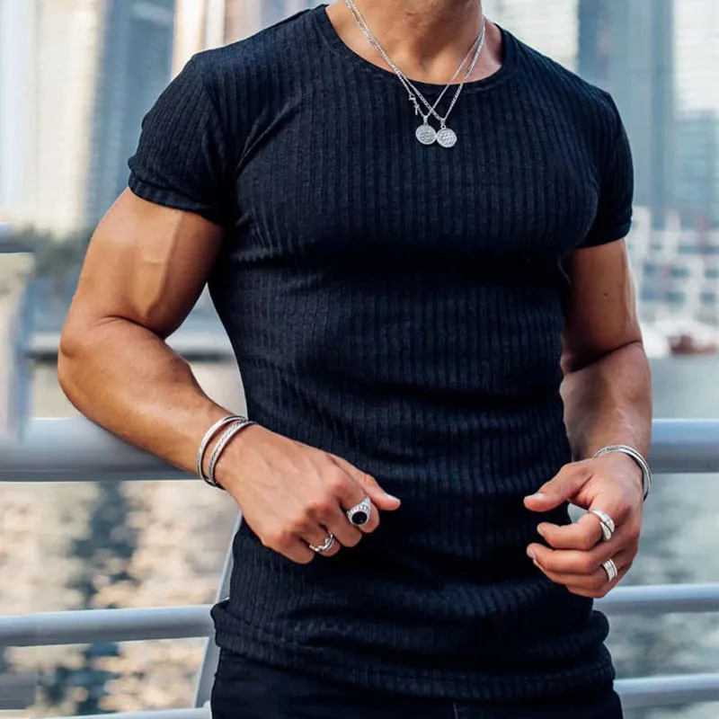 Mens T-Shirt  Slim Fit  Soft Cotton Blend  Vertical Ribbed Knit  Crew Neck  Short Sleeve