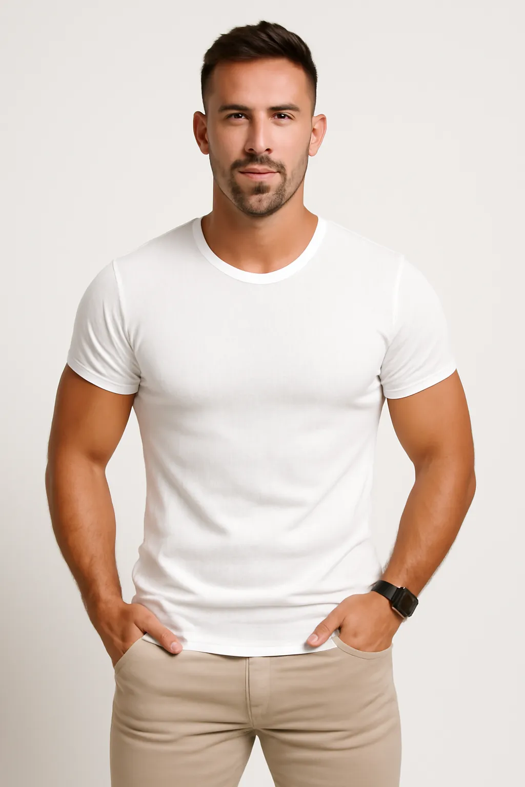 Mens T-Shirt  Slim Fit  Soft Cotton Blend  Vertical Ribbed Knit  Crew Neck  Short Sleeve