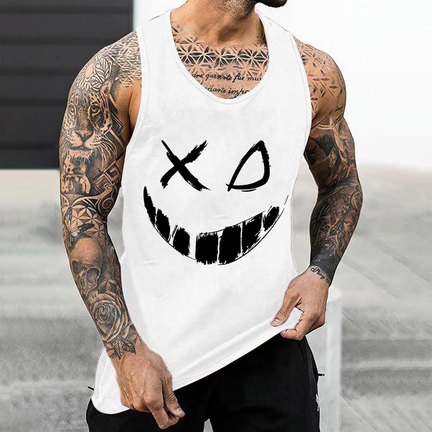 Mens Tank Tops Funny X-Smile-Face Print Casual Muscle Tank Tops Summer Gym Fitness Workout Sleeveless Athletic T-Shirts