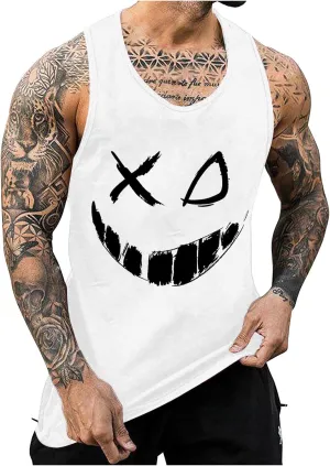 Mens Tank Tops Funny X-Smile-Face Print Casual Muscle Tank Tops Summer Gym Fitness Workout Sleeveless Athletic T-Shirts
