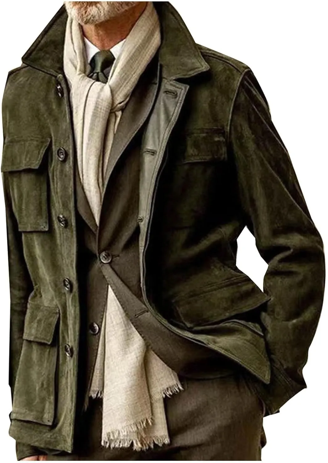 Mens Trucker Suede Leather Jacket Vintage Western Cowboy Coat Casual Button Down Utility Uniform Work Shirt Shackets