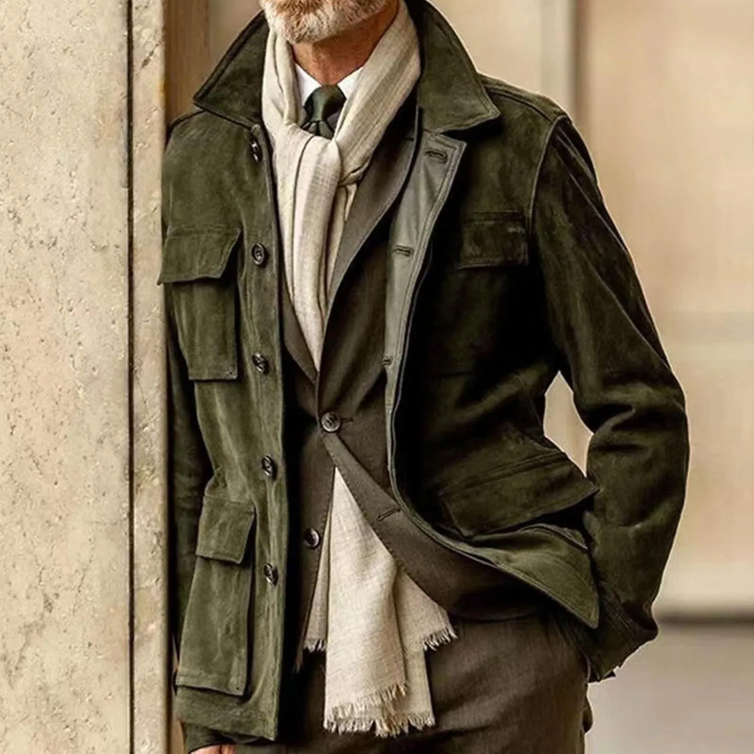 Mens Trucker Suede Leather Jacket Vintage Western Cowboy Coat Casual Button Down Utility Uniform Work Shirt Shackets