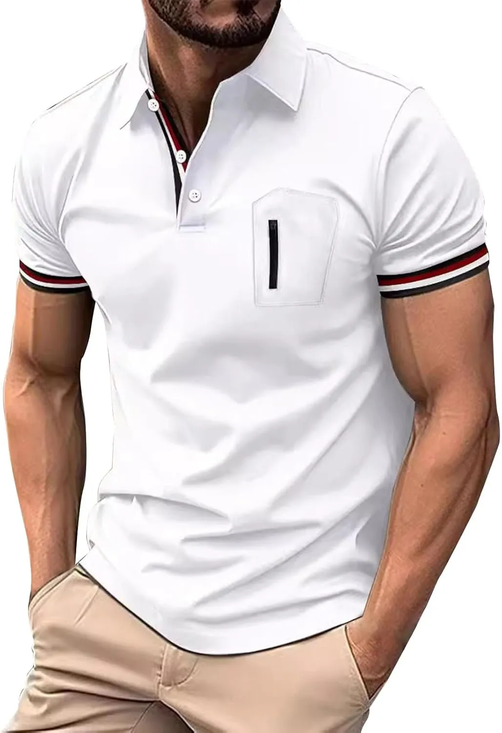 Men's Urban Polo Shirt Short Sleeve Zip Pocket Stand Collar Quick Dry Athletic Top Stylish Casual Summer Streetwear Tee
