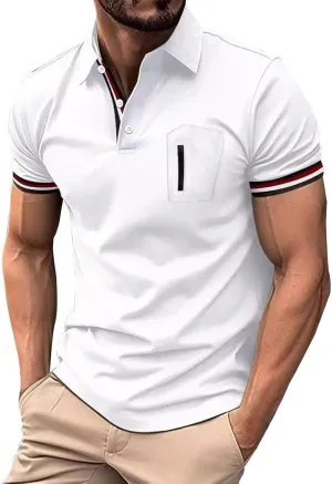 Men's Urban Polo Shirt Short Sleeve Zip Pocket Stand Collar Quick Dry Athletic Top Stylish Casual Summer Streetwear Tee