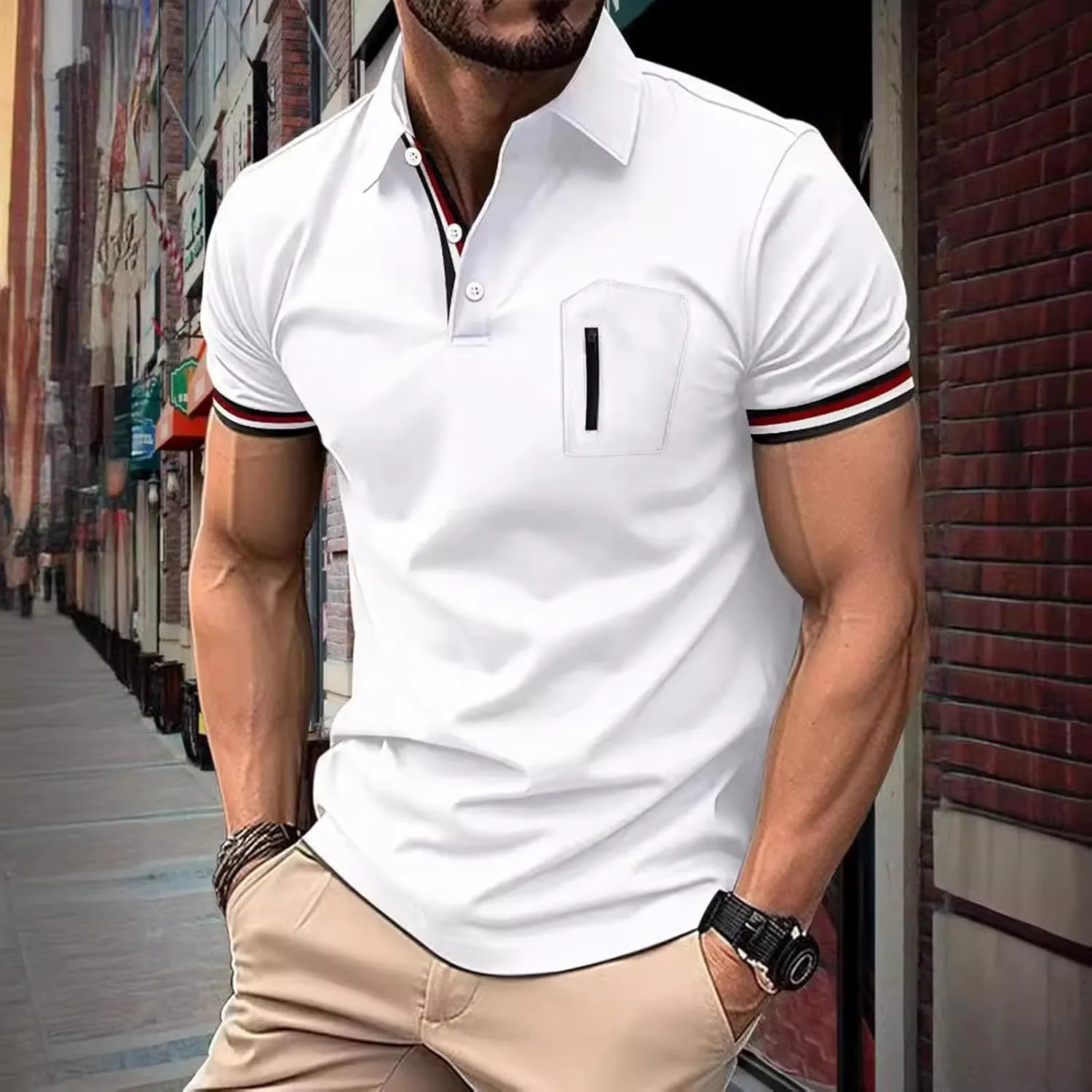 Men's Urban Polo Shirt Short Sleeve Zip Pocket Stand Collar Quick Dry Athletic Top Stylish Casual Summer Streetwear Tee