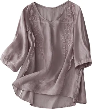 Mexican Tops for Women Vacation Summer Embroidered Blouses V Neck Button Down T-Shirt Short Sleeve Shirt