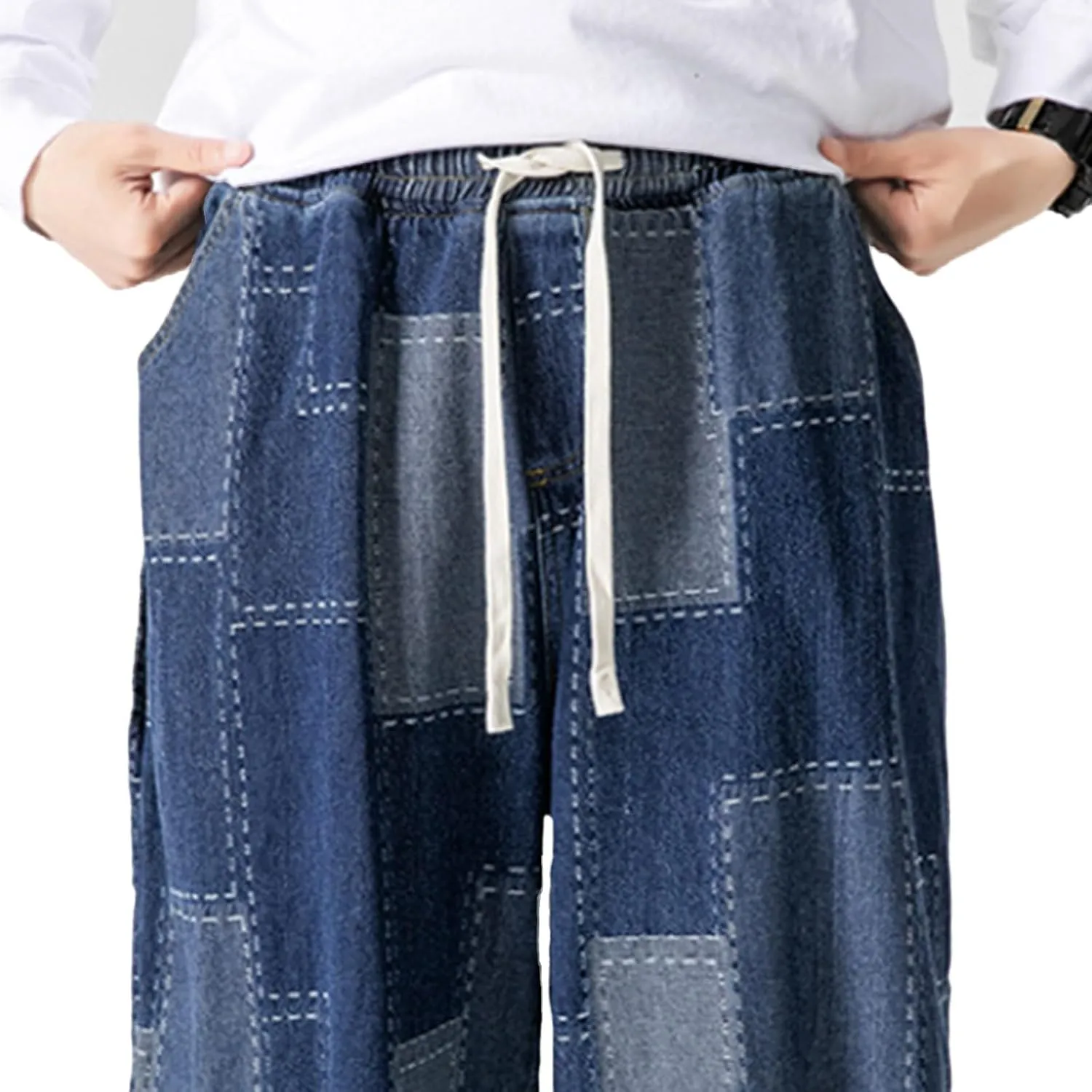 MIDOO Jeans for Men Relaxed Fit Casual Drawstring Jeans Straight Leg Pants Lightweight Loose Stretch Denim Pants Trousers