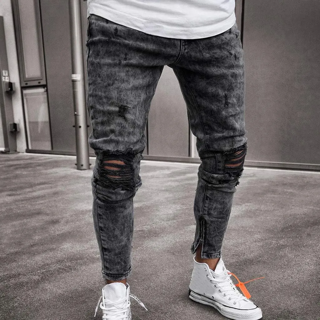 MIDOO Mens Pants Jeans Slim Fit Ripped Distressed Jeans Wide Leg Casual Long Denim Pants Trousers with Pocket